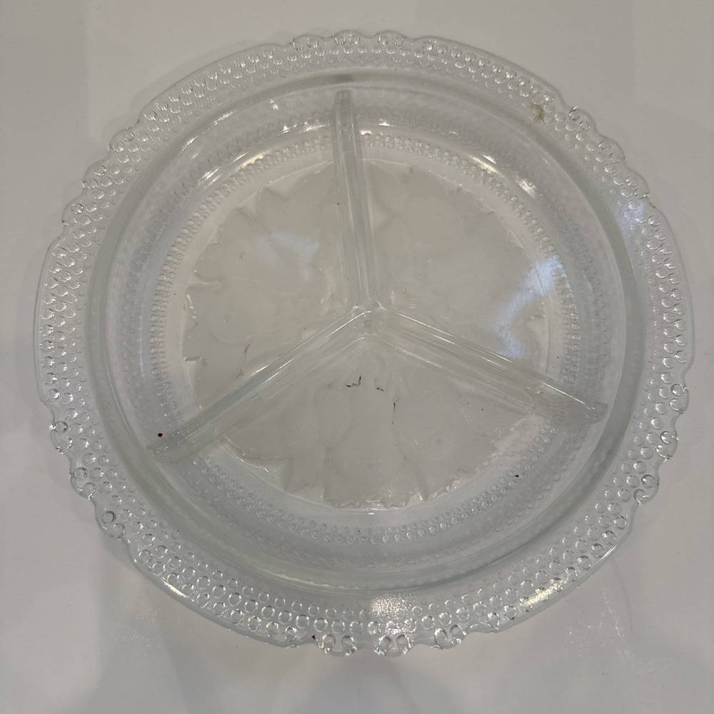 Vintage Clear 3-Part Serving Dish w/Etched Fruit and Scalloped Edge‎ 8" Diameter